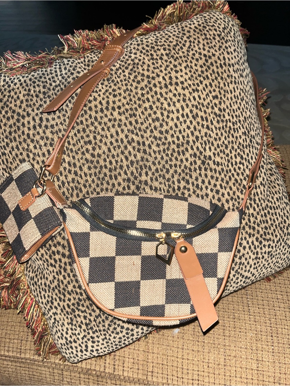 Checked Crescent Shoulder Bag in Brown and Cream